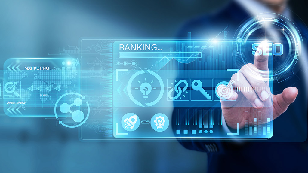 A businessman taps a futuristic SEO ranking dashboard showing search optimization and marketing data.